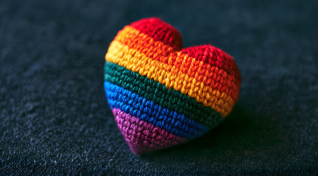 A knitted rainbow heart lies on somber fabric. A symbol of LGBTQ pride and affection. It embodies diversity, equality, and inclusivity. This is a colorful handcrafted item.