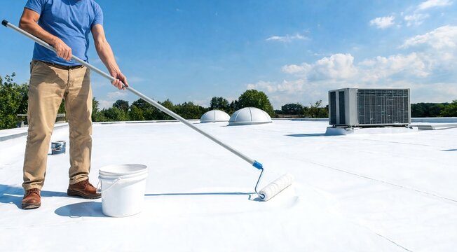 A male worker in a blue shirt applies white coating to a flat commercial roof using a paint roller, with HVAC units and vents visible under a clear sky.