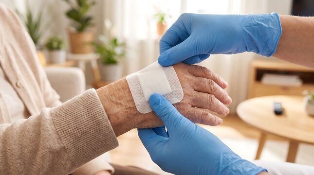 Healthcare Professional Applying a Medical Bandage to an Elderly Person's Wrist for Wound Care at Home