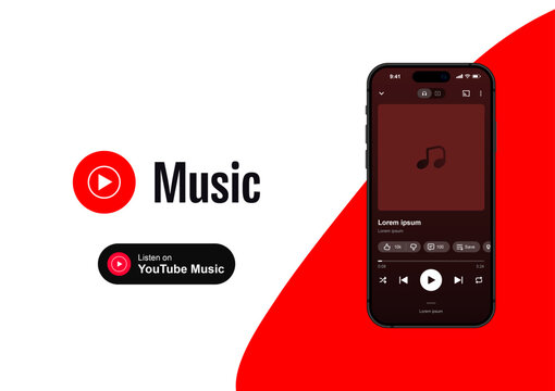 Hand holding the smartphone with YouTube Music player mockup, social network icon, vector editorial illustration