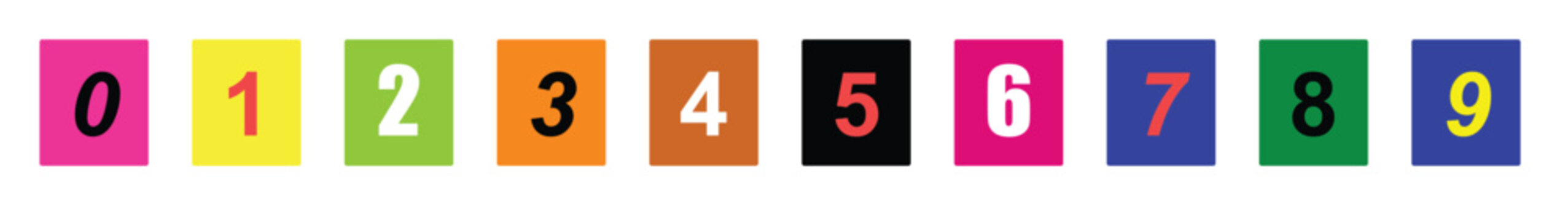 Set of colorful square buttons with numbers from zero to nine