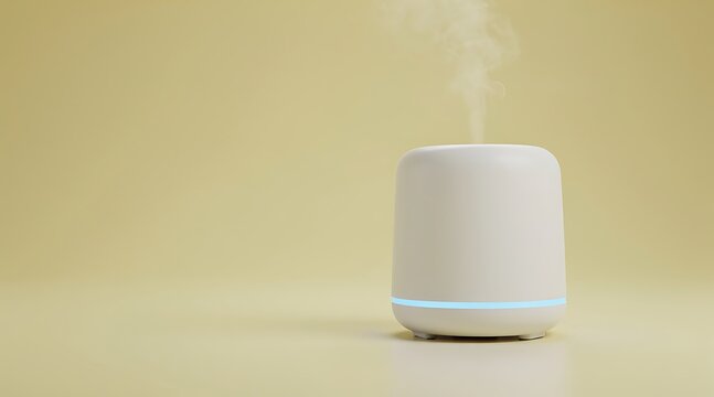 Minimalist ultrasonic aroma diffuser emits a fine mist with a subtle blue light accent against a neutral background.