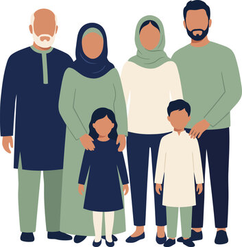 Multi-Generational South Asian Muslim Family Vector Illustration