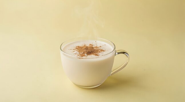 Warm light-colored drink with a sprinkle of cinnamon powder in a clear glass mug emits steam against a plain yellow background.