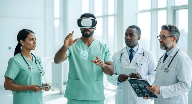 Futuristic Medical Training with diverse doctors using VR headset and digital tablets in a bright hospital, ideal for healthcare technology and medical education.