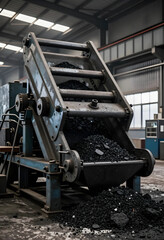Fototapeta premium Industrial coal processing and mining production, heavy machinery conveyor belt moving raw fossil fuel materials in a large manufacturing factory facility
