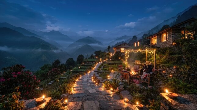 Himalayan house at night with glowing oil lamps lining stone path for festive celebration in peaceful mountain setting.