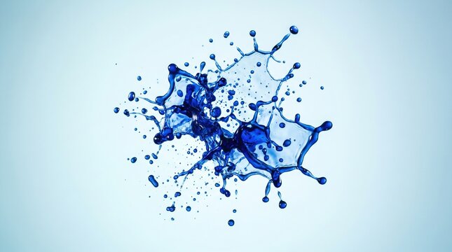 Dynamic blue water splash capturing vibrant liquid droplets exploding in various directions against a clean light background.