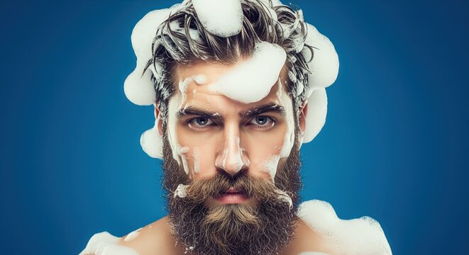 A bearded man with shaving foam on his face and head against a blue background. Ideal for barber shops, grooming products, skincare ads, and men's hygiene services.