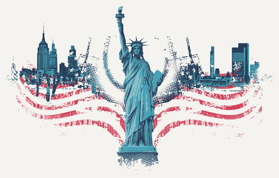 Statue of Liberty and New York Skyline with Grunge American Flag