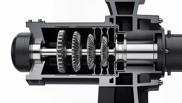 Bevel gear differential assembly shaft bearing cross-section view, white background