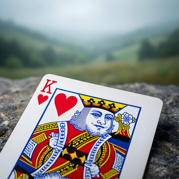 Gambling and risk taking concept, king of hearts playing card resting on a rugged stone surface with a blurred natural landscape in the background