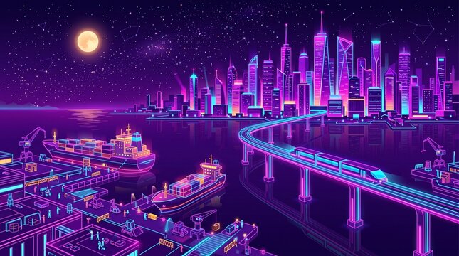 Synthwave vector illustration of a futuristic neon city harbor with cargo ships, cranes, and an elevated monorail train against a starry night sky.