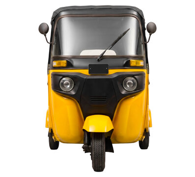 Yellow auto rickshaw tuk-tuk front face view isolated on transparent background