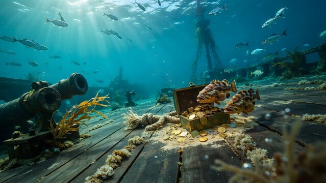 Underwater Scene with treasure chest, coral reefs, and divers exploring ocean floor
