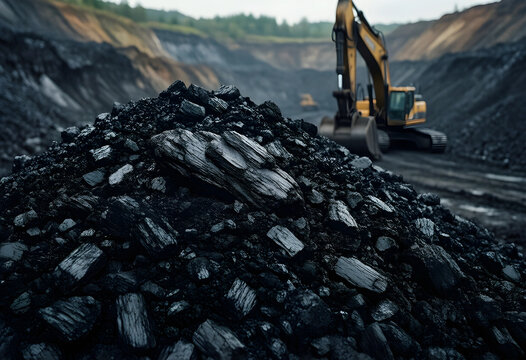 Energy crisis and fossil fuel extraction, coal mining industry with heavy machinery and excavator in an open pit mine for industrial power production