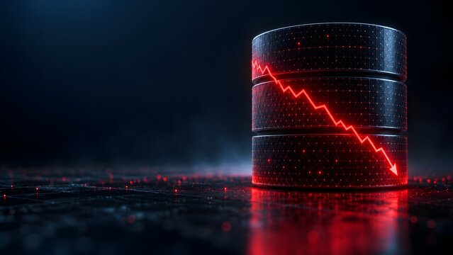 Glowing red database cylinder with sharp downward arrow depicting severe server failure data loss or economic market crash
