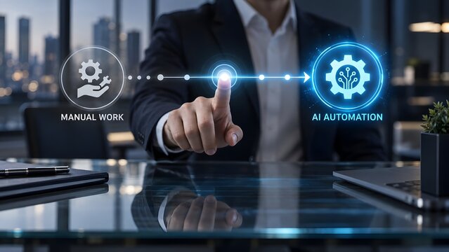 Corporate executive touching digital holographic interface displaying transition process from manual work to modern workflow automation