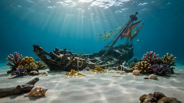 Sunlight Illuminates a Sunken Pirate Shipwreck Surrounded by Coral Reef and Treasure Chests