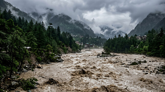 Flooded River Through Mountainous Terrain.