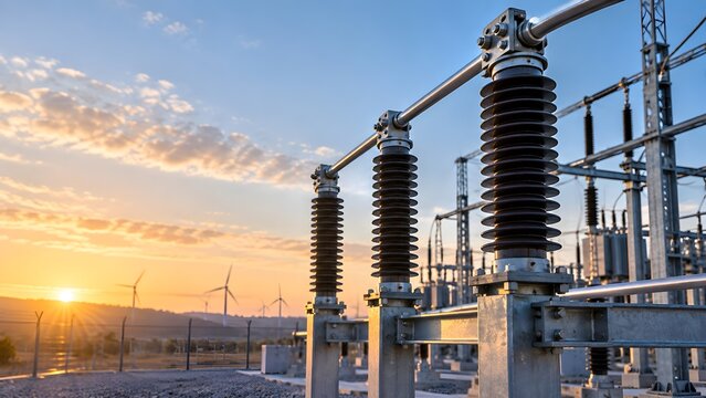 High voltage electrical substation and wind turbines at sunset representing renewable energy infrastructure and power grid transition