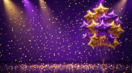 Obraz premium Celebration party banner background with purple and gold star foil balloons, celebration background template