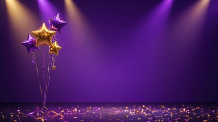 Obraz premium Celebration party banner background with purple and gold star foil balloons, celebration background template
