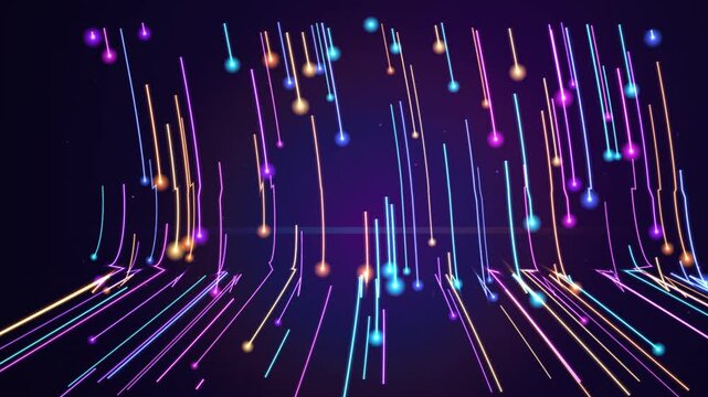 Glowing Neon Particle Trails Descending on Dark Background with Vibrant Colorful Light Streaks