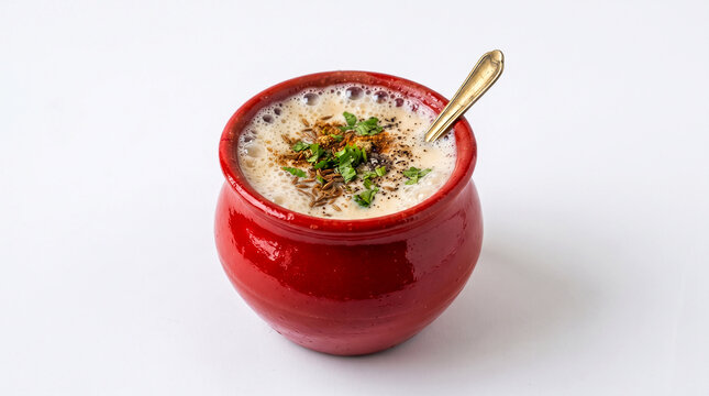  Traditional natural aromatic flavor Indian drinks jeera masala Chaas or chash, sour lussi made with buttermilk and spices in clay pot, healthy Digestive summer drink, white background, copy space