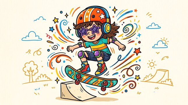Colorful cartoon character performing skateboard trick with rainbow effects in vibrant doodle style