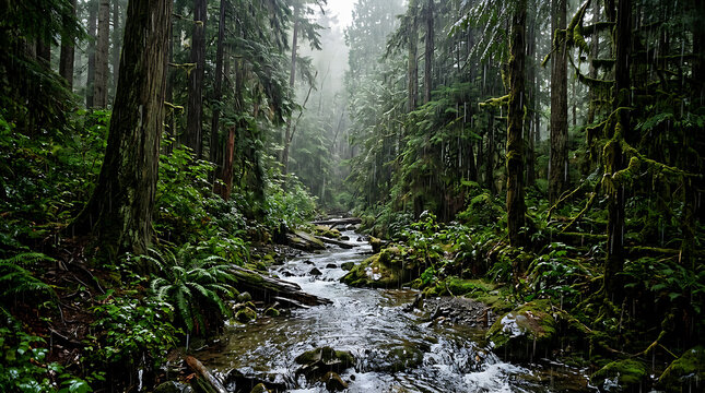 Misty Forest Stream Amidst Tall Evergreens.