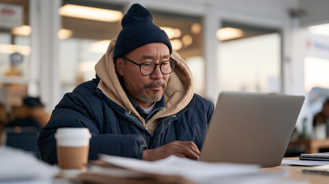 Inuit community leader at a northern administrative building reviewing a digital asset grant proposal on screen, indigenous economic development, decentralized funding, remote