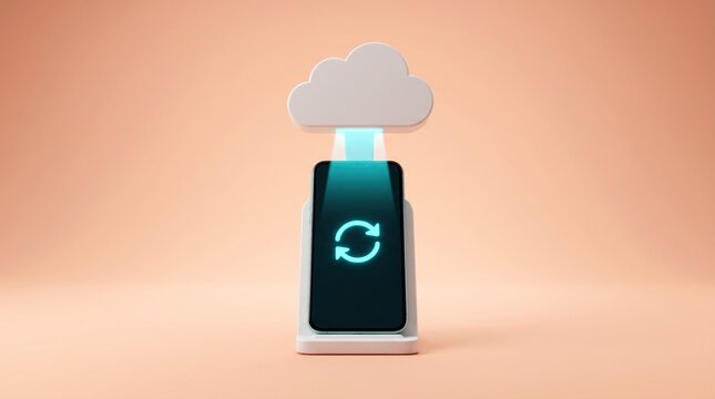 Modern smartphone wirelessly charging while syncing data with glowing blue cloud icon floating above in soft matte pastel peach lighting