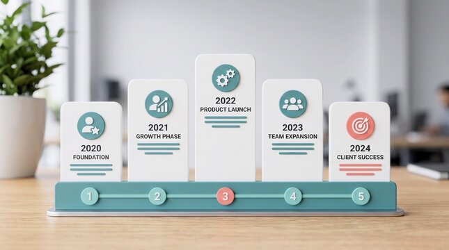 Business timeline roadmap featuring five vertical stages with icons illustrating company milestones from twenty twenty to twenty twenty four progress