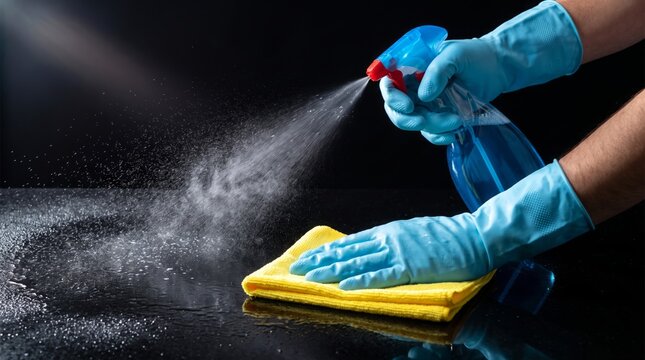 Person wearing blue protective rubber gloves uses a yellow microfiber cloth to spray cleaning liquid on a dark reflective surface
