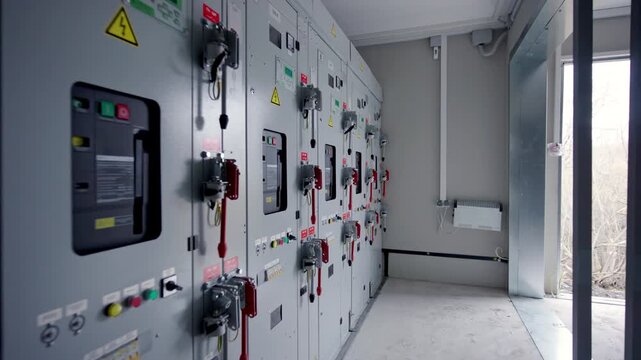 Electrical substation contains organized switchgear and control panels. Equipment designed for monitoring and distributing electricity