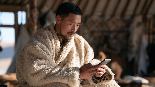 Mongolian nomadic herder sitting inside a traditional dwelling using a solar powered phone to check a cryptocurrency portfolio app, satellite connectivity, remote financial