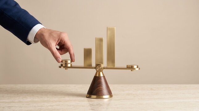 Professional hand carefully balances metallic golden bar chart scales to demonstrate strategic financial growth and precise corporate management economic success