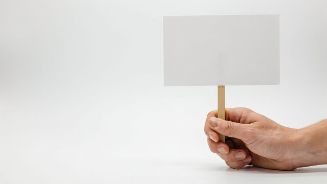 Hand holding blank white protest sign on stick with copy space
