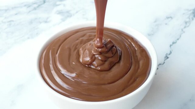 Dulce de leche dripping into a bowl on marble background. Horizontal format.