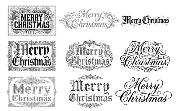 Assorted variety vintage fonts typography text , Merry Christmas, white background  vector illustration font  seasonal holiday festive celtic medieval script
