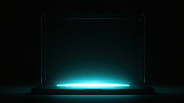Laptop computer with glowing keyboard screen frame in a dark room with light emanating keyboard