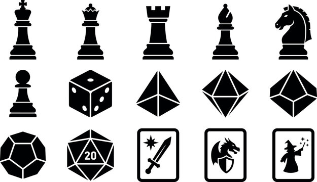 Chess Pieces and Polyhedral Dice Set, Vector Game Icons, Tabletop Rpg Design Elements, Fantasy Game Illustration.