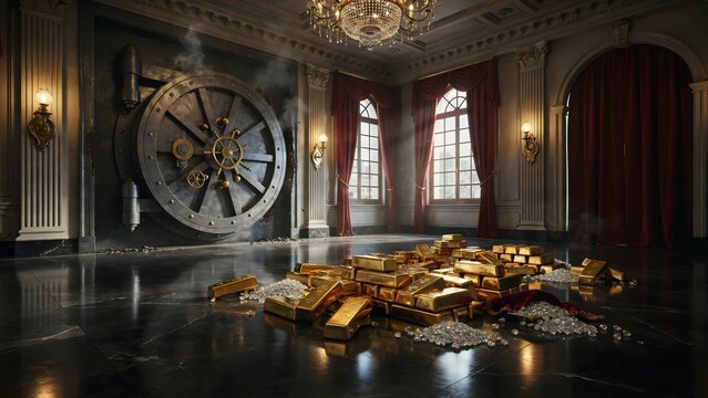 Luxurious Ballroom with Large Clock and Gold Bars Spilled on Floor