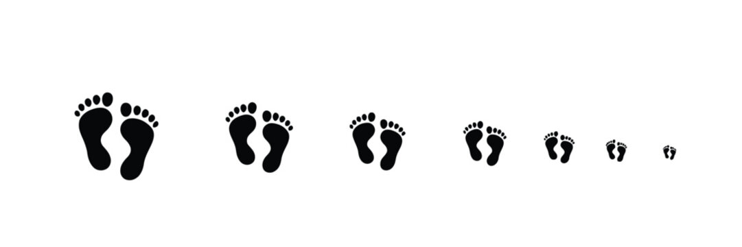 Decreasing sequence of barefoot footprints showing human steps walking forward from large to small size