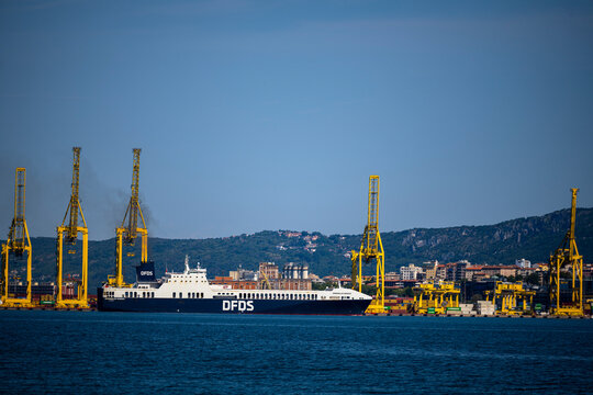 Muggia, Italy - August 8, 2026: DFDS Ro-Ro cargo ship docked at the Port of Trieste container terminal with yellow gantry cranes and green hills in the background.