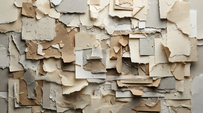 A detailed close up view of a damaged interior wall with peeling layers of old wallpaper and exposed crumbling plaster texture