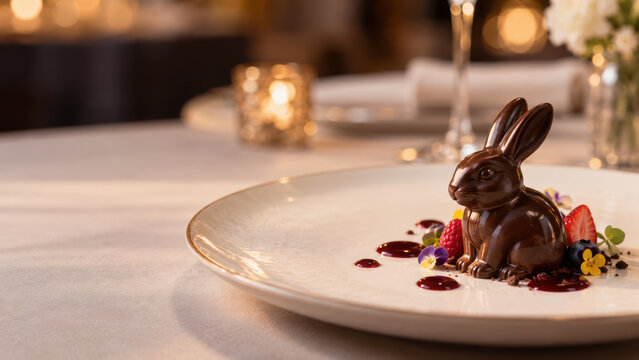 Chocolate bunny shapes on elegant dessert plate with berry sauce and edible flower garnish creating festive dining scene
