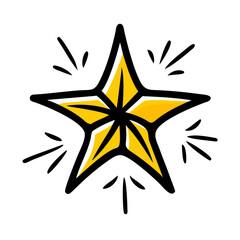 Fototapeta premium Shiny yellow star icon with hand drawn black outline details.