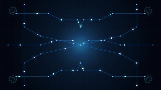 Blue Digital Circuit Grid Background with Moving Glowing Data Connection Nodes and Network Interface